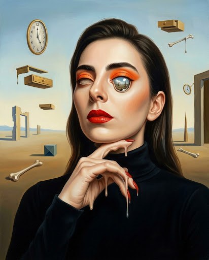 A surreal portrait: a woman with one mirrored eye and red paint running from her lips and fingernails, standing in a desert where a stopped clock, drawers and bones float in the air.